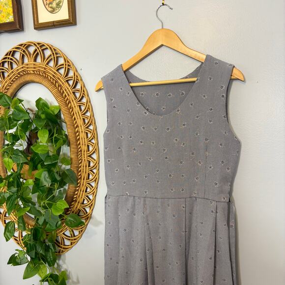 Vtg 90s Gray Blue Pleated Maxi Dress Micro Check Floral Embroidery Sleeveless - Picture 9 of 13